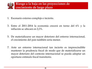 Riesgo a la baja en las proyecciones de crecimiento de largo plazo Escenario externo complejo e incierto.   Entre el 2011-2014 la economía crecerá en torno del 6% y la inflación se ubicará en 2,3%. De materializarse un mayor deterioro del entorno internacional, el crecimiento del país también sería menor. Ante un entorno internacional tan incierto es imprescindible mantener la prudencia fiscal de modo que de materializarse un mayor deterioro del contexto internacional se pueda adoptar un oportuno estímulo fiscal transitorio. 
