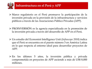 Infraestructura en el Perú y APP Marco regulatorio en el Perú promueve la participación de la inversión privada en la provisión de la infraestructura y servicios públicos a través de las Asociaciones Público Privadas (APP). PROINVERSIÓN es la agencia especializada en la promoción de la inversión privada a través del desarrollo de APP en el Perú. Un estudio del Economist Intelligence Unit ( Infrascope 2010 ) indica que el Perú se encuentra en el puesto número 3 en América Latina en lo que respecta al entorno ideal para desarrollar proyectos de APP. En los últimos 5 años, la inversión pública y privada comprometida en proyectos de APP asciende a más de US$ 8,000 millones. 