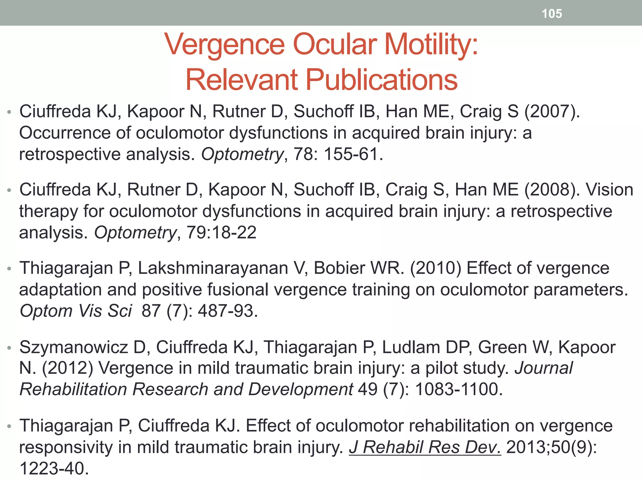 Vergence Ocular Motility:
Relevant Publications
•  Ciuffreda KJ, Kapoor N, Rutner D, Suchoff IB, Han ME, Craig S (2007).
Occurrence of oculomotor dysfunctions in acquired brain injury: a
retrospective analysis. Optometry, 78: 155-61.
•  Ciuffreda KJ, Rutner D, Kapoor N, Suchoff IB, Craig S, Han ME (2008). Vision
therapy for oculomotor dysfunctions in acquired brain injury: a retrospective
analysis. Optometry, 79:18-22
•  Thiagarajan P, Lakshminarayanan V, Bobier WR. (2010) Effect of vergence
adaptation and positive fusional vergence training on oculomotor parameters.
Optom Vis Sci 87 (7): 487-93.
•  Szymanowicz D, Ciuffreda KJ, Thiagarajan P, Ludlam DP, Green W, Kapoor
N. (2012) Vergence in mild traumatic brain injury: a pilot study. Journal
Rehabilitation Research and Development 49 (7): 1083-1100.
•  Thiagarajan P, Ciuffreda KJ. Effect of oculomotor rehabilitation on vergence
responsivity in mild traumatic brain injury. J Rehabil Res Dev. 2013;50(9):
1223-40.
105
 