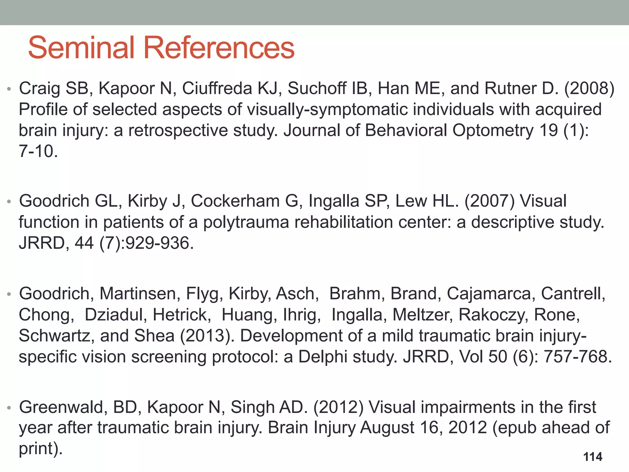 •  Craig SB, Kapoor N, Ciuffreda KJ, Suchoff IB, Han ME, and Rutner D. (2008)
Profile of selected aspects of visually-symptomatic individuals with acquired
brain injury: a retrospective study. Journal of Behavioral Optometry 19 (1):
7-10.
•  Goodrich GL, Kirby J, Cockerham G, Ingalla SP, Lew HL. (2007) Visual
function in patients of a polytrauma rehabilitation center: a descriptive study.
JRRD, 44 (7):929-936.
•  Goodrich, Martinsen, Flyg, Kirby, Asch, Brahm, Brand, Cajamarca, Cantrell,
Chong, Dziadul, Hetrick, Huang, Ihrig, Ingalla, Meltzer, Rakoczy, Rone,
Schwartz, and Shea (2013). Development of a mild traumatic brain injury-
specific vision screening protocol: a Delphi study. JRRD, Vol 50 (6): 757-768.
•  Greenwald, BD, Kapoor N, Singh AD. (2012) Visual impairments in the first
year after traumatic brain injury. Brain Injury August 16, 2012 (epub ahead of
print).
Seminal References
114
 