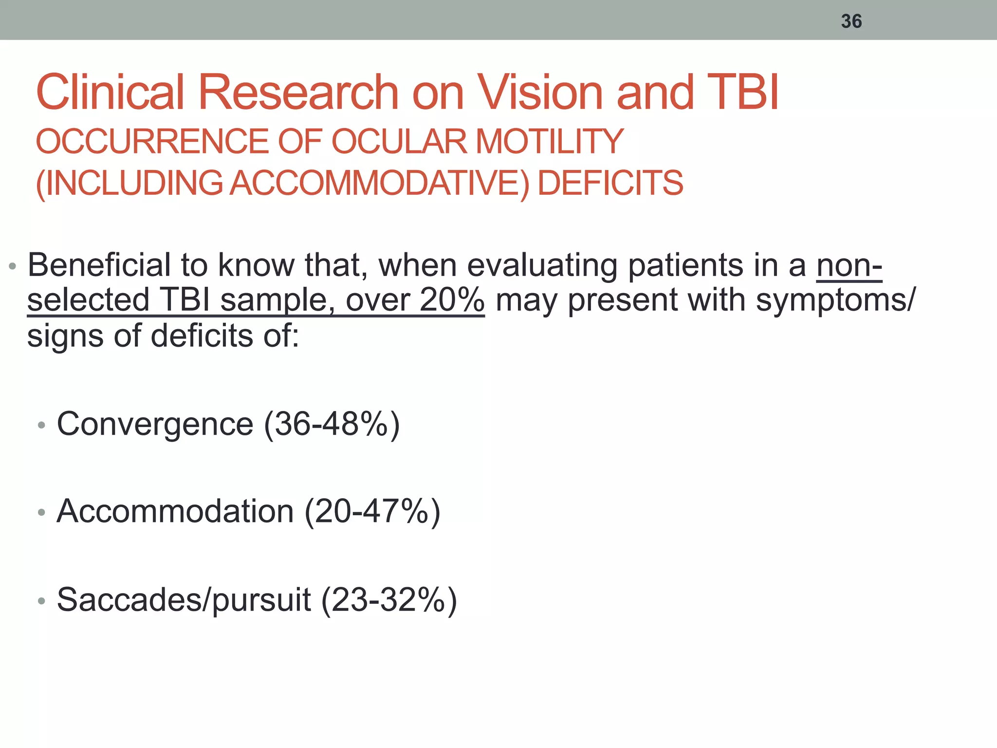 Clinical Research on Vision and TBI
OCCURRENCE OF OCULAR MOTILITY
(INCLUDINGACCOMMODATIVE) DEFICITS
•  Beneficial to know that, when evaluating patients in a non-
selected TBI sample, over 20% may present with symptoms/
signs of deficits of:
•  Convergence (36-48%)
•  Accommodation (20-47%)
•  Saccades/pursuit (23-32%)
36
 