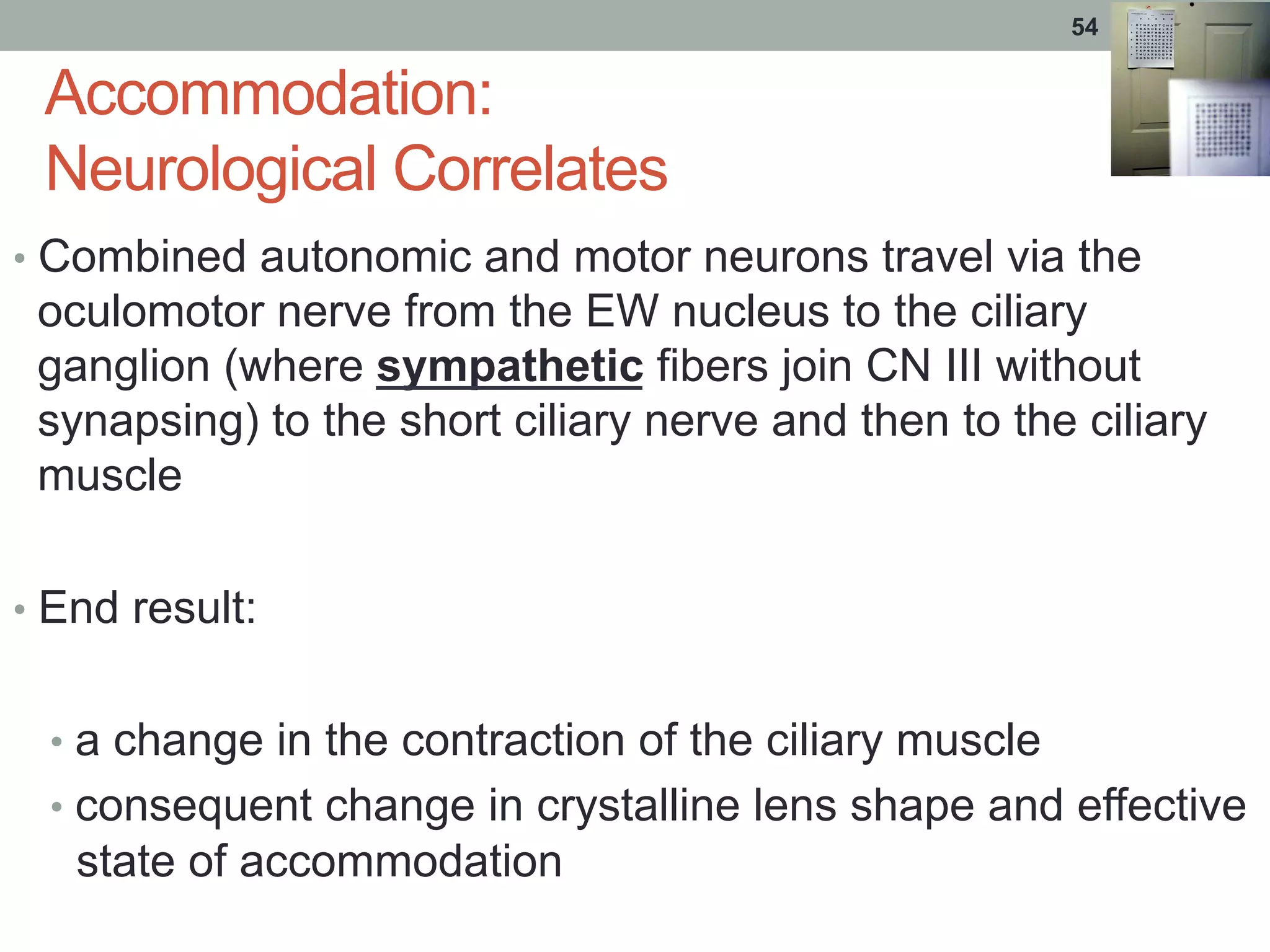 Accommodation:
Neurological Correlates
•  Combined autonomic and motor neurons travel via the
oculomotor nerve from the EW nucleus to the ciliary
ganglion (where sympathetic fibers join CN III without
synapsing) to the short ciliary nerve and then to the ciliary
muscle
•  End result:
•  a change in the contraction of the ciliary muscle
•  consequent change in crystalline lens shape and effective
state of accommodation
54
 