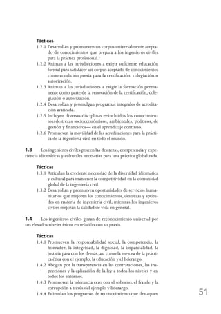 51
Tácticas
1.2.1	Desarrollan y promueven un corpus universalmente acepta-
do de conocimientos que prepara a los ingenieros civiles
para la práctica profesional.5
1.2.2	Animan a las jurisdicciones a exigir suficiente educación
formal para satisfacer un corpus aceptado de conocimientos
como condición previa para la certificación, colegiación o
autorización.
1.2.3	Animan a las jurisdicciones a exigir la formación perma-
nente como parte de la renovación de la certificación, cole-
giación o autorización.
1.2.4	Desarrollan y promulgan programas integrales de acredita-
ción avanzada.
1.2.5	Incluyen diversas disciplinas —incluidos los conocimien-
tos/destrezas socioeconómicos, ambientales, políticos, de
gestión y financieros— en el aprendizaje continuo.
1.2.6	Promueven la movilidad de las acreditaciones para la prácti-
ca de la ingeniería civil en todo el mundo.
1.3	 Los ingenieros civiles poseen las destrezas, competencia y expe-
riencia idiomáticas y culturales necesarias para una práctica globalizada.
Tácticas
1.3.1	Articulan la creciente necesidad de la diversidad idiomática
y cultural para mantener la competitividad en la comunidad
global de la ingeniería civil.
1.3.2	Desarrollan y promueven oportunidades de servicios huma-
nitarios que mejoren los conocimientos, destrezas y aptitu-
des en materia de ingeniería civil, mientras los ingenieros
civiles mejoran la calidad de vida en general.
1.4	 Los ingenieros civiles gozan de reconocimiento universal por
sus elevados niveles éticos en relación con su praxis.
Tácticas
1.4.1	Promueven la responsabilidad social, la competencia, la
honradez, la integridad, la dignidad, la imparcialidad, la
justicia para con los demás, así como la mejora de la prácti-
ca ética con el ejemplo, la educación y el liderazgo.
1.4.2	Abogan por la transparencia en las contrataciones, las ins-
pecciones y la aplicación de la ley a todos los niveles y en
todos los entornos.
1.4.3	Promueven la tolerancia cero con el soborno, el fraude y la
corrupción a través del ejemplo y liderazgo.
1.4.4	Estimulan los programas de reconocimiento que destaquen
 