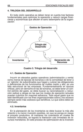 EDICIONES FISCALES ISEF68
4. TRILOGIA DEL DESARROLLO
En toda visión operativa se deben tener en cuenta tres factores
fundamentales para optimizar la operación y reducir cargas finan-
cieras y económicas que afecten el sano desempeño de la organi-
zación:
Cuadro 5. Trilogía del desarrollo
4.1. Gastos de Operación
Incurrir en elevados gastos operativos (administración y venta)
como inercia de épocas de bonanza o de la comodidad de tener a
un ‘ejército’ de subordinados que hagan y cubran las obligaciones
o deficiencias de los funcionarios de niveles medio y alto, es una
falla estructural de las empresas. Fundamentalmente en épocas
críticas, pero sin derroche en las de bonanza, se debe tener un con-
trol estricto del gasto, se debe buscar su racionalización y reduc-
ción radical a cargas en las que los niveles de operación actuales
puedan cubrirlos sin mayores esfuerzos. Todo aquel gasto que no
esté identificado con los fines organizacionales sobra y los excesos
siempre serán más costosos que benéficos. Lo que sobra debe ser
eliminado.
4.2. Inventarios
En la planeación de los inventarios se debe buscar la más alta
rotación y la menor inversión posibles, sin que se ponga en riesgo
el proceso productivo. Al mantener los inventarios en niveles de
inversión reducidos, se logrará la liberación casi inmediata de re-
cursos monetarios. En este proceso de optimización de la inversión
Gastos de Operación
Trilogía del
Desarrollo
Inventarios Generación de
Recursos
 