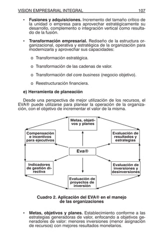 VISION EMPRESARIAL INTEGRAL 107
• Fusiones y adquisiciones. Incremento del tamaño crítico de
la unidad o empresa para aprovechar estratégicamente su
desarrollo, complemento o integración vertical como resulta-
do de la fusión.
• Transformación empresarial. Rediseño de la estructura or-
ganizacional, operativa y estratégica de la organización para
modernizarla y aprovechar sus capacidades:
o Transformación estratégica.
o Transformación de las cadenas de valor.
o Transformación del core business (negocio objetivo).
o Reestructuración financiera.
e) Herramienta de planeación
Desde una perspectiva de mejor utilización de los recursos, el
EVA® puede utilizarse para planear la operación de la organiza-
ción, con el objetivo de incrementar el valor de la misma.
Cuadro 2. Aplicación del EVA® en el manejo
de las organizaciones
• Metas, objetivos y planes. Establecimiento conforme a las
estrategias generadoras de valor, enfocando a objetivos ge-
neradores de valor: menores inversiones (menor asignación
de recursos) con mejores resultados monetarios.
Eva®
Metas, objeti-
vos y planes
Evaluación de
proyectos de
inversión
Indicadores
de gestión di-
rectiva
Compensación
e incentivos
para ejecutivos
Evaluación de
resultados y
estrategias
Evaluación de
inversiones y
desinversiones
 