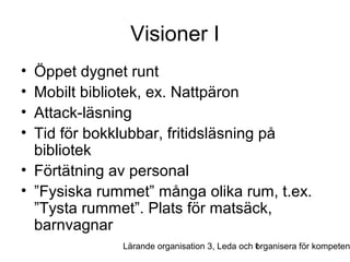 Visioner I
•
•
•
•

Öppet dygnet runt
Mobilt bibliotek, ex. Nattpäron
Attack-läsning
Tid för bokklubbar, fritidsläsning på
bibliotek
• Förtätning av personal
• ”Fysiska rummet” många olika rum, t.ex.
”Tysta rummet”. Plats för matsäck,
barnvagnar

Lärande organisation 3, Leda och 1
organisera för kompeten

 