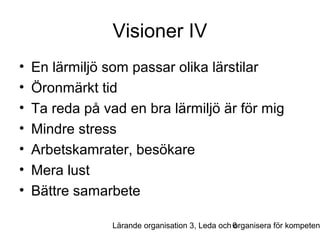 Visioner IV
•
•
•
•
•
•
•

En lärmiljö som passar olika lärstilar
Öronmärkt tid
Ta reda på vad en bra lärmiljö är för mig
Mindre stress
Arbetskamrater, besökare
Mera lust
Bättre samarbete

Lärande organisation 3, Leda och 6
organisera för kompeten

 