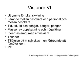Visioner VI
• Utrymme för bl.a. skyltning
• Lärande mellan besökare och personal och
mellan besökare
• Tid, tid, tid och pengar, pengar, pengar
• Massor av uppskattning och höga löner
• Idéer tas emot med entusiasm
• Tokerier
• Tillåtelse att misslyckas men förtroende att
försöka igen.
• PT

Lärande organisation 3, Leda och 8
organisera för kompeten

 