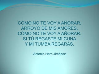 CÓMO NO TE VOY A AÑORAR,ARROYO DE MIS AMORES,CÓMO NO TE VOY A AÑORAR.SI TÚ REGASTE MI CUNAY MI TUMBA REGARÁS.Antonio Haro Jiménez