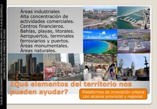 PLAN DE ACONDICIONAMINTO TERRITORIAL DE LA PROVINCIA DEL SANTA Y EL PLAN DE DESARROLLO



                                                                                           ◦ Áreas industriales
                                                                                           ◦ Alta concentración de
                                                                                             actividades comerciales.
                                                                                           ◦ Centros financieros.
                                                                                           ◦ Bahías, playas, litorales.
                    URBANO DE LA CIUDAD DE CHIMBOTE AL 2012-2022




                                                                                           ◦ Aeropuertos, terminales
                                                                                             ferroviarios y puertos.
                                                                                           ◦ Áreas monumentales.
                                                                                           ◦ Áreas naturales.




                                                                                         ¿Qué elementos del territorio nos
                                                                                         pueden ayudar?    Plataformas de innovación urbana
                                                                                                                          con alcance provincial y regional.
 