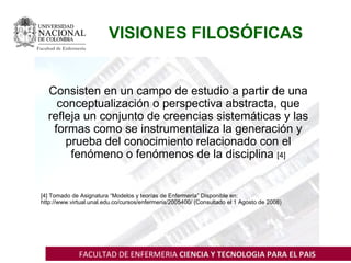 VISIONES FILOSÓFICAS
Facultad de Enfermería




     Consisten en un campo de estudio a partir de una
       conceptualiza...