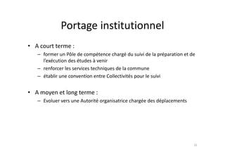 Portage institutionnel
             Portage institutionnel
• A court terme :
   – former un Pôle de compétence chargé du suivi de la préparation et de 
     l exécution des études à venir
     l’exécution des études à venir
   – renforcer les services techniques de la commune
   – établir une convention entre Collectivités pour le suivi


• A moyen et long terme :
   – Evoluer vers une Autorité organisatrice chargée des déplacements




                                                                        32
 