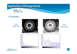 101
Egalisation d’histogramme
• Exemple :
Avec
égalisation
Sans
égalisation
 