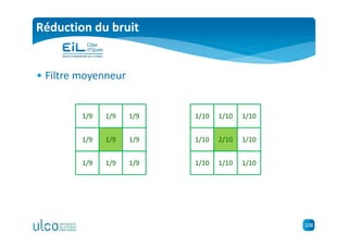 108
Réduction du bruit
• Filtre moyenneur
1/9 1/9 1/9
1/9 1/9
1/9 1/9 1/9
1/9
1/10 1/10 1/10
1/10 1/10
1/10 1/10 1/10
2/10
 