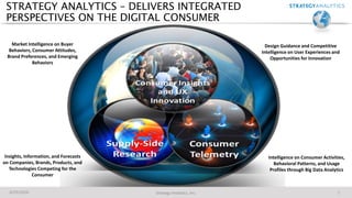 STRATEGY ANALYTICS – DELIVERS INTEGRATED
PERSPECTIVES ON THE DIGITAL CONSUMER
6/23/2016 Strategy Analytics, Inc. 7
Integrated, Global
Perspective on Digital
Consumers
Insights, Information, and Forecasts
on Companies, Brands, Products, and
Technologies Competing for the
Consumer
Intelligence on Consumer Activities,
Behavioral Patterns, and Usage
Profiles through Big Data Analytics
Market Intelligence on Buyer
Behaviors, Consumer Attitudes,
Brand Preferences, and Emerging
Behaviors
Design Guidance and Competitive
Intelligence on User Experiences and
Opportunities for Innovation
 
