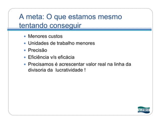 A meta: O que estamos mesmo
tentando conseguir
    Menores custos
    Unidades de trabalho menores
    Precisão
    Eficiência v/s eficácia
    Precisamos é acrescentar valor real na linha da
     divisoria da lucratividade !
 