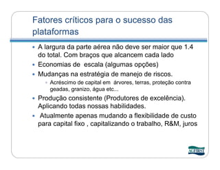 Fatores críticos para o sucesso das
plataformas
 A largura da parte aérea não deve ser maior que 1.4
  do total. Com braços que alcancem cada lado
 Economias de escala (algumas opções)
 Mudanças na estratégia de manejo de riscos.
     Acréscimo de capital em árvores, terras, proteção contra
      geadas, granizo, água etc...
 Produção consistente (Produtores de excelência).
  Aplicando todas nossas habilidades.
 Atualmente apenas mudando a flexibilidade de custo
  para capital fixo , capitalizando o trabalho, R&M, juros
 