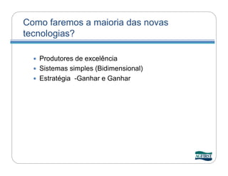 Como faremos a maioria das novas
tecnologias?

   Produtores de excelência
   Sistemas simples (Bidimensional)
   Estratégia -Ganhar e Ganhar
 