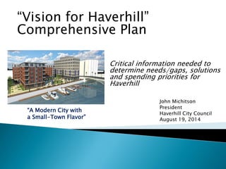 Critical information needed to
determine needs/gaps, solutions
and spending priorities for
Haverhill
John Michitson
President
Haverhill City Council
August 19, 2014
“Vision for Haverhill”
Comprehensive Plan
“A Modern City with
a Small-Town Flavor”
 