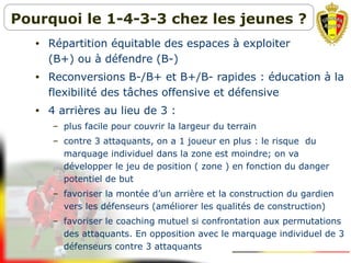 • Répartition équitable des espaces à exploiter
(B+) ou à défendre (B-)
• Reconversions B-/B+ et B+/B- rapides : éducation à la
flexibilité des tâches offensive et défensive
• 4 arrières au lieu de 3 :
– plus facile pour couvrir la largeur du terrain
– contre 3 attaquants, on a 1 joueur en plus : le risque du
marquage individuel dans la zone est moindre; on va
développer le jeu de position ( zone ) en fonction du danger
potentiel de but
– favoriser la montée d’un arrière et la construction du gardien
vers les défenseurs (améliorer les qualités de construction)
– favoriser le coaching mutuel si confrontation aux permutations
des attaquants. En opposition avec le marquage individuel de 3
défenseurs contre 3 attaquants
Pourquoi le 1-4-3-3 chez les jeunes ?
 