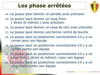 Les phase arrêtées
54. Le joueur peut donner un penalty avec précision
55. Le joueur peut donner un coup franc
( direct et indirect ) avec précision
56. Le joueur peut donner un coup de coin avec précision
57. Le joueur peut donner une bonne rentré de touche
58. Le joueur peut se positionner correctement s’il y a un
corner pour son équipe
59. Le joueur peut se positionner correctement s’il y a un
corner contre son équipe
60. Le joueur peut se positionner correctement s’il y a un
coup franc ( direct et indirect ) pour son équipe
61. Le joueur peut se positionner correctement s’il y a un
coup franc contre son équipe
 