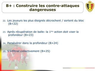 22. Les joueurs les plus éloignés décrochent / sortent du bloc
(B+22)
23. Aprés récupération de balle: la 1ère
action doit viser la
profondeur (B+23)
24. Persévérer dans la profondeur (B+24)
25. S'infiltrer collectivement (B+25)
B+ : Construire les contre-attaques
dangereuses
 