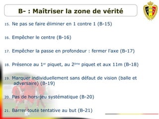 15. Ne pas se faire éliminer en 1 contre 1 (B-15)
16. Empêcher le centre (B-16)
17. Empêcher la passe en profondeur : fermer l'axe (B-17)
18. Présence au 1er
piquet, au 2ème
piquet et aux 11m (B-18)
19. Marquer individuellement sans défaut de vision (balle et
adversaire) (B-19)
20. Pas de hors-jeu systématique (B-20)
21. Barrer toute tentative au but (B-21)
B- : Maîtriser la zone de vérité
 