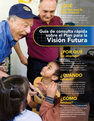 ¿QUÉ
          es el Plan para la
          Visión Futura?
          El nuevo modelo establecido por
          La Fundación Rotaria para apoyar los
          proyectos educativos e humanitarios
          de los clubes y distritos.




Guía de consulta rápida
   sobre el Plan para la
   Visión Futura
          ¿POR QUÉ
          fue adoptado?
          La Fundación constató la
          necesidad de simplificar su
          funcionamiento para lograr una
          mayor eficacia y de concentrar sus
          esfuerzos para lograr un mayor
          impacto y reconocimiento público.


          ¿CUÁNDO
          comenzó?
          Los distritos rotarios comenzaron
          a poner a prueba el plan en julio
          de 2010 como parte de una fase
          piloto de tres años de duración.
          Todos los distritos adoptarán el
          nuevo modelo en julio de 2013.


          ¿CÓMO
          funciona?
          Encontrará esa información en este
          documento. Estas páginas incluyen
          la información básica que los
          clubes y distritos necesitan para
          prepararse y participar en el Plan
          para la Visión Futura.
 