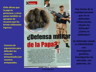 Carencia de argumentos para defender los recursos domesticados por nuestros antepasados. Chile afirma que la papa le pertenece, y otros países también se apropian de recursos que les brinda millonarios ingresos. Hay temas de la realidad peruana que no se defienden militarmente. ¿Quién los defiende? ¿Cómo se defienden? Se defienden desde la UNIVERSIDAD con: Investigación genética, investigación de mercado, con patentes, etc. JAIME RAÚL CASTRO CONTRERAS 