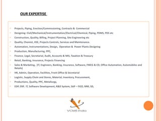 OUR EXPERTISE  Projects, Piping, Erection/Commissioning, Contracts &  Commercial  Designing- Civil/Mechanical/Instrumentation/Electrical/Chemical, Piping, PDMS, PDS etc Construction, Quality, Billing, Project Planning, Site Engineering etc Quality, Chemist, HSE, Projects Controls, Services and Maintenance. Automation, Instrumentations, Design,  Operation &  Power Plants Designing Production, Manufacturing, PPC, Finance, Legal, Secretarial, Audit, Accounts & MIS, Taxation & Treasury Retail, Banking, Insurance, Projects Financing Sales & Marketing,  (IT, Engineers, Banking, Insurance, Software, FMCG & CD, Office Automation, Automobiles and Retails) HR, Admin, Operation, Facilities, Front Office & Secretarial Logistic, Supply Chain and Stores, Material, Inventory, Procurement,  Productions, Quality, PPC, Metallurgy,  EDP, ERP,  IT, Software Development, R&D System, SAP – FICO, MM, SD,  