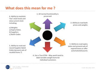 What does this mean for me ?
6. Ability to maintain
‘live’ stock levels and
view current stock
including;

1. All normal functionality is
preserved
2. Ability to read both
prices and weights

a) Weights
a) Expiry Dates
b) Suppliers
c) Batch Codes

3. Ability to read expiry
dates and prevent sale of
expired items or offer
automated discounts

5. Ability to read and
record Supplier Batch
Codes (prevent sale of
recalled items ?)
4. Use a True GTIN – May avoid need to
label variable weight items for
individual customers

 