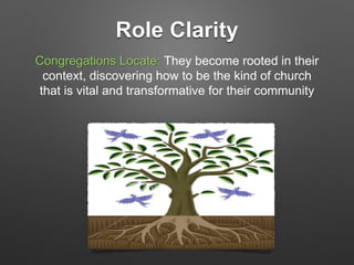 Role Clarity
Congregations Locate: They become rooted in their
context, discovering how to be the kind of church
that is vital and transformative for their community
 