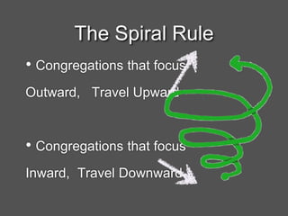 The Spiral Rule
• Congregations that focus
Outward, Travel Upward
• Congregations that focus
Inward, Travel Downward
 