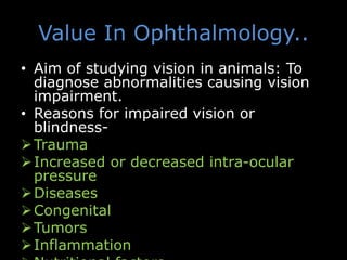 Value In Ophthalmology..
• Aim of studying vision in animals: To
diagnose abnormalities causing vision
impairment.
• Reasons for impaired vision or
blindness-
Trauma
Increased or decreased intra-ocular
pressure
Diseases
Congenital
Tumors
Inflammation
 
