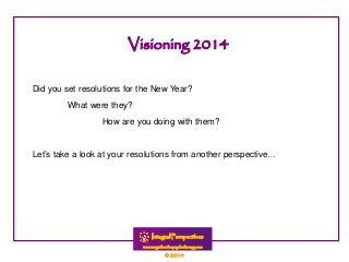 Did you set resolutions for the New Year?
What were they?
How are you doing with them?

Let’s take a look at your resolutions from another perspective…

© 2014

 