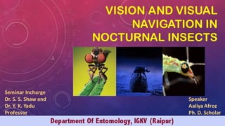 VISION AND VISUAL
NAVIGATION IN
NOCTURNAL INSECTS
Seminar	Incharge
Dr.	S.	S.	Shaw	and
Dr.	Y.	K.	Yadu
Professor
Speaker
Aaliya Afroz
Ph.	D.	Scholar
Department Of Entomology, IGKV (Raipur)
 