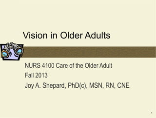 1
Vision in Older Adults
NURS 4100 Care of the Older Adult
Fall 2013
Joy A. Shepard, PhD(c), MSN, RN, CNE
 