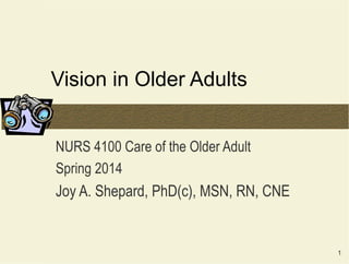 Vision in Older Adults
NURS 4100 Care of the Older Adult
Spring 2014

Joy A. Shepard, PhD(c), MSN, RN, CNE

1

 