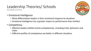 Leadership Competencies
(from Muller and Turner)
• Emotional competencies
• Motivation
• Conscientiousness
• Sensitivity
•...