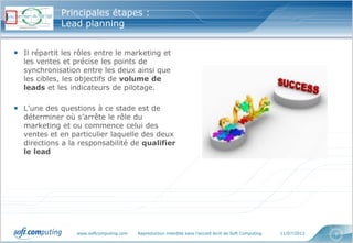 www.softcomputing.com Reproduction interdite sans l’accord écrit de Soft Computing 11/07/2013 7
• Il répartit les rôles entre le marketing et
les ventes et précise les points de
synchronisation entre les deux ainsi que
les cibles, les objectifs de volume de
leads et les indicateurs de pilotage.
• L’une des questions à ce stade est de
déterminer où s’arrête le rôle du
marketing et ou commence celui des
ventes et en particulier laquelle des deux
directions a la responsabilité de qualifier
le lead
Principales étapes :
Lead planning
 