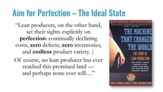 Aim for Perfection – The Ideal State
“Lean producers, on the other hand,
set their sights explicitly on
perfection: continually declining
costs, zero defects, zero inventories,
and endless product variety. |
Of course, no lean producer has ever
reached this promised land —
and perhaps none ever will…”
 
