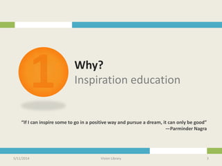 5/11/2014 Vision Library 3
Why?
Inspiration education
“If I can inspire some to go in a positive way and pursue a dream, it can only be good”
—Parminder Nagra
 