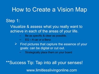 How to Create a Vision Map
Step 1:
Visualize & assess what you really want to
achieve in each of the areas of your life.
–
–

Be as specific & clear as possible.
EG – A car or a Benz

 Find pictures that capture the essence of your
goals: can be digital or cut out.
–

Strategically place them on your board

**Success Tip: Tap into all your senses!
www.limitlesslivingonline.com

 