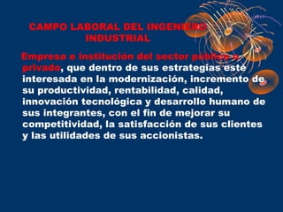 CAMPO LABORAL DEL INGENIERO
         INDUSTRIAL
Empresa e institución del sector público o
privado, que dentro de sus estrategias esté
interesada en la modernización, incremento de
su productividad, rentabilidad, calidad,
innovación tecnológica y desarrollo humano de
sus integrantes, con el fin de mejorar su
competitividad, la satisfacción de sus clientes
y las utilidades de sus accionistas.
 