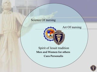 Science Of nursing

                         Art Of nursing




     Spirit of Jesuit tradition
   Men and Women for others
        Cura Personalis
 