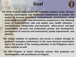 Goal
The XUCN Program shall nurture the individual student’s social, spiritual,
  physical, psychological and intellectual endowments to prepare the
  student to become committed, compassionate, conscientious, caring
  professional nurse who shall demonstrate competence in the following
  areas of responsibilities: safe and quality care, health education ,
  communication, collaboration and teamwork, ethico-moral and legal
  responsibility, personal and professional growth and development,
  management of resources and environment, quality improvement and
  research.
 The College tradition of excellence and service is evident through its
  graduate’s exemplary performance in the nurse licensure examination
  and in the practice of the nursing profession in the Philippines and in
  other countries as well.
 The BSN Program at Xavier University ensures that graduates are
  knowledgeable, safe practitioners of integrity.
 