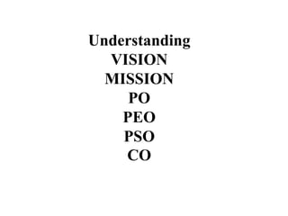 Understanding
VISION
MISSION
PO
PEO
PSO
CO
 
