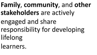 Family, community, and other
stakeholders are actively
engaged and share
responsibility for developing
lifelong
learners.
 