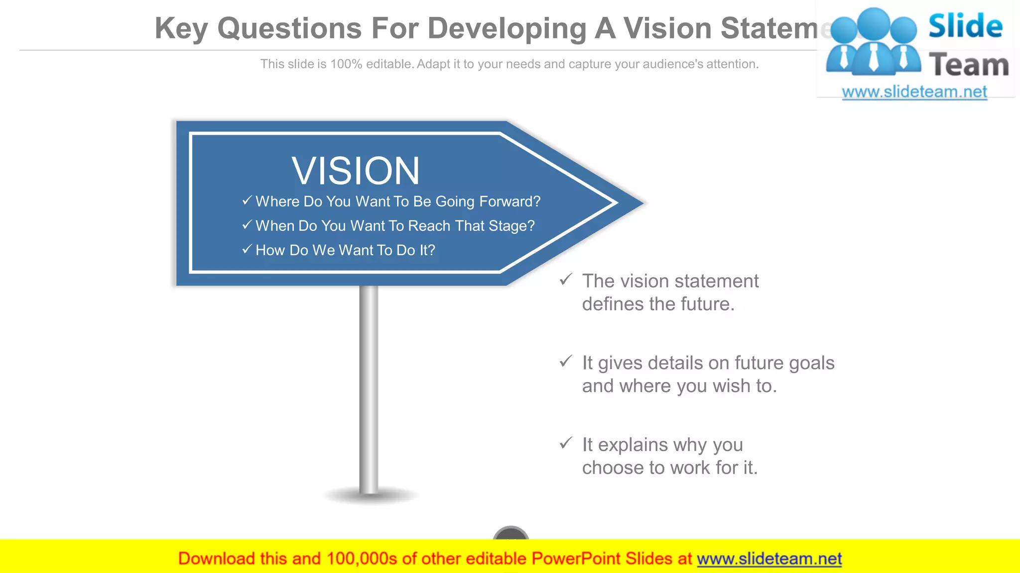 Key Questions For Developing A Vision Statement
This slide is 100% editable. Adapt it to your needs and capture your audience's attention.
✓ The vision statement
defines the future.
✓ It gives details on future goals
and where you wish to.
✓ It explains why you
choose to work for it.
VISION
✓ Where Do You Want To Be Going Forward?
✓ When Do You Want To Reach That Stage?
✓ How Do We Want To Do It?
www.company.com18
 