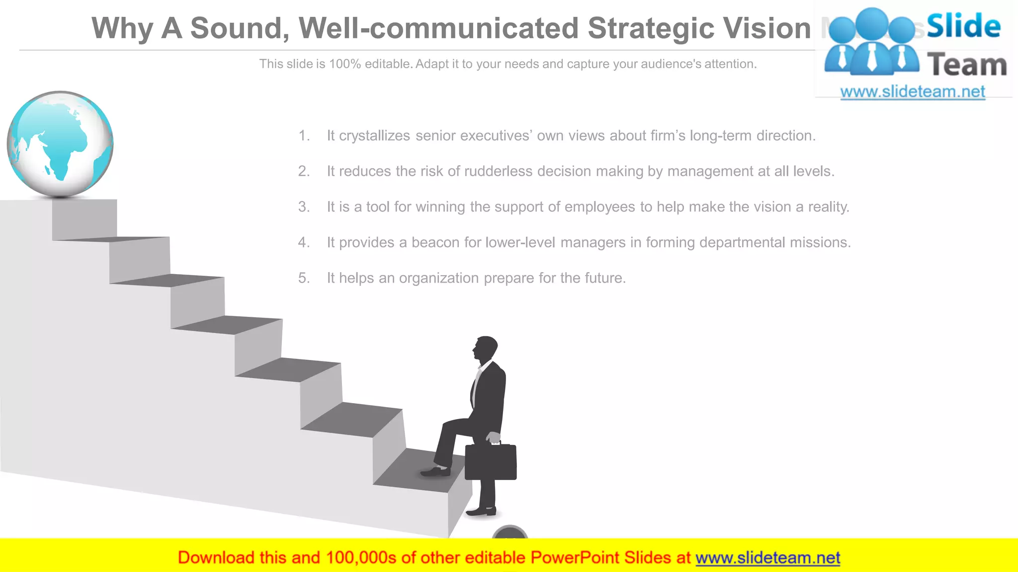 Why A Sound, Well-communicated Strategic Vision Matters
This slide is 100% editable. Adapt it to your needs and capture your audience's attention.
1. It crystallizes senior executives’ own views about firm’s long-term direction.
2. It reduces the risk of rudderless decision making by management at all levels.
3. It is a tool for winning the support of employees to help make the vision a reality.
4. It provides a beacon for lower-level managers in forming departmental missions.
5. It helps an organization prepare for the future.
www.company.com22
 